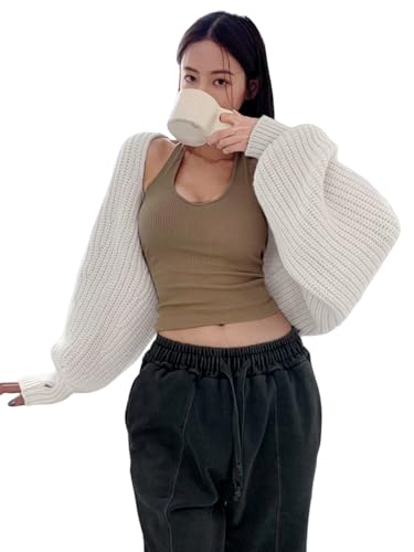 COZYEASE Women's Cropped Cardigan Sweaters Casual Long Lantern Sleeve Open Front Short Bolero Shrugs Chunky Knit Tops