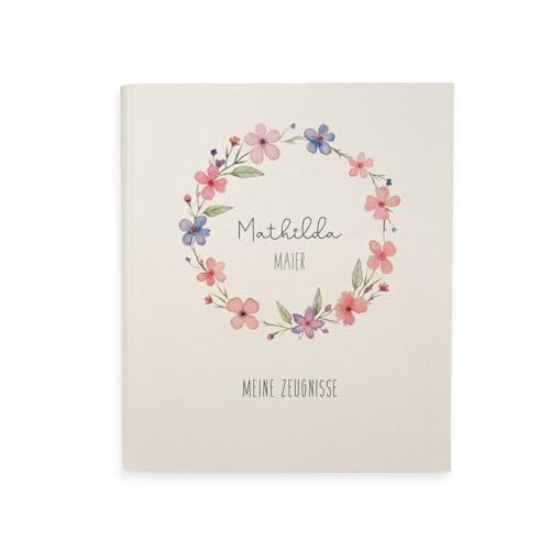 hellomini Zeugnismappe A4 personalisiert Ringordner mit Namen Leinen-Ordner für Schulzeugnisse Geschenk Einschulung Mädchen & Jungen Schulordner (Blumenkranz Bunt)