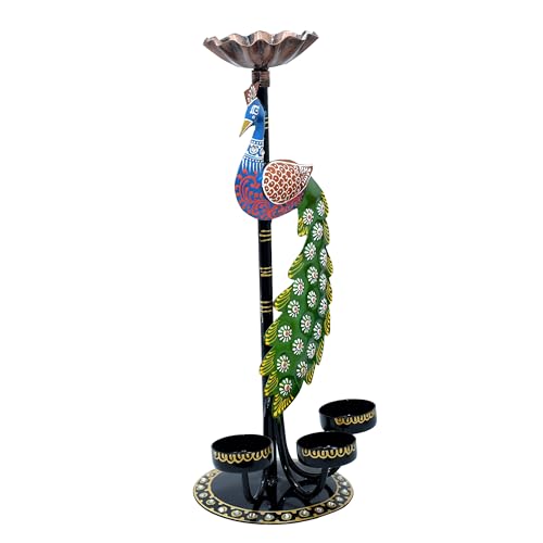 Image of Kraftskala Tea Light Candle Holder Decorative Peacock Showpiece Metal Figurine 4 Candle Diya Burner Slots for Living Room, Diwali Gifts, Home Decor
