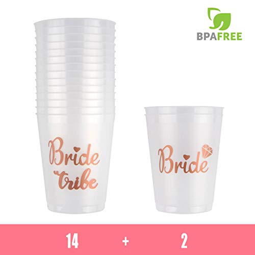 16 Count Bachelorette Bride Tribe Rose Gold Bridal Shower Cups w/2 Bride Cups Perfect for Engagement, Bridal Showers, Bachelorette Party (16oz, 450ml)
