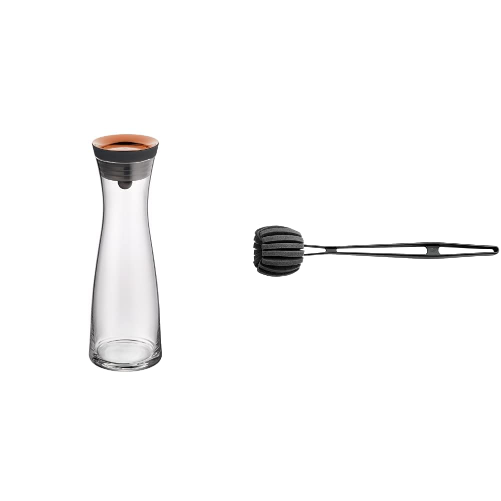 WMF Basic Wasserkaraffe aus Glas, 1 Liter, Glaskaraffe mit Deckel, Silikondeckel, Kupfer & Basic Flaschenbürste lang 41 cm, Reinigungsbürste mit 6 weichen Reinigungsschwämmen