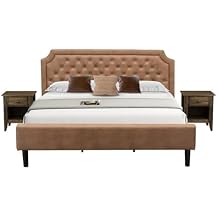 East West Furniture GB28K-2GA07 3-Piece Platform Bed Set with Button Tufted Modern Bed and 2 Distressed Jacobean End Tables - Brown faux Leather with Brown Texture and Black Legs