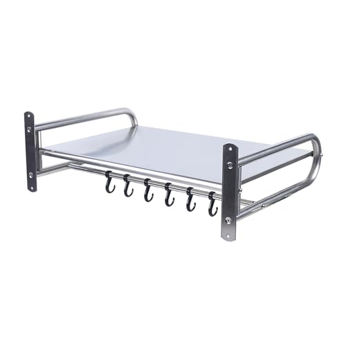 lkoewqzamx Microwave Wall Mount, Microwave Oven Rack, Wall-Mounted Kitchen Shelf, Stainless Microwave Oven Shelf, With 6 Hooks, 66lbs Load, For Microwaves, Toasters, Utensils, Bottles, Spices
