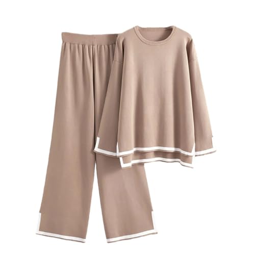 Ensemble 2 pièces femme pull et pantalon large kaki anti-engoncement col rond