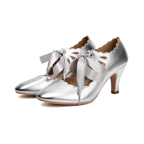 Elerhythm Women's Mary Jane Vintage Lace Up Teardrop Cut Out Close Round Toe 1920s Gatsby Heels Retro 1950s Victorian Pumps Suede Shoes2