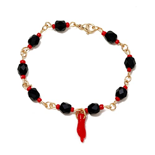 Caiyao Black Azabache Hand Figa Charm Stainless Steel Link Chain Necklace Bracelet for Women Men 18K Gold Plated Good Luck Kabbalah Amulet Evil Eye Bracelet Protection Jewelry-G red beads