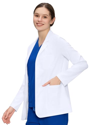 White Lab Coat for Women with 4 Pockets – Button Front Long Sleeve Consultation Coat, Soft Stretch Fabric, White, M