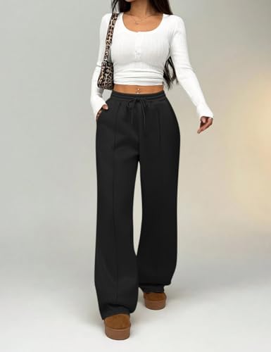 HeSaYep Women's Wide Leg Fleece Sweatpants High Waist Baggy Pants Drawstring Athletic Sweat Pants4