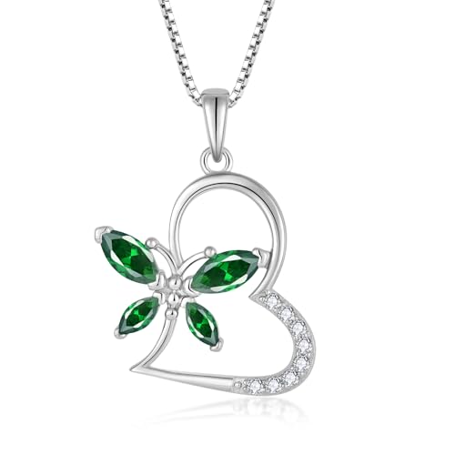 925 Sterling Silver Butterfly Birthstone Heart Necklace for Women 5A Cubic Zirconia Pendant Jewelry for Mother's Day Valentine Birthday Gifts for Her - Main Image