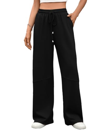 SCHOOLMOON Pantalones Chándal Mujer Jogging Deportivos Cintura Alta Elástico Casual Yoga Color Puro Algodón Sueltas Pantalón con Bolsillos(Negro,M)