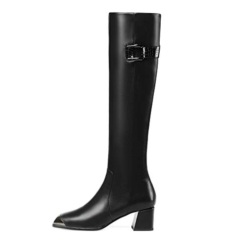 Tinacus Handmade Women's Genuine Leather Square Toe Mid Chunky Heel Side Zip Up Black Knee High Boots With Buckle Decor (Black, Us8) #TOP1