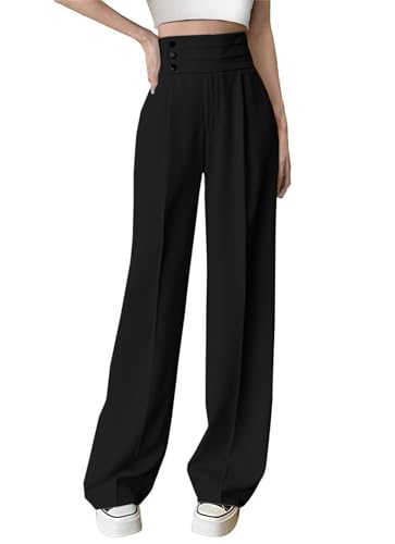 Betusline Women's High Waist Dress Pants Business Side Button Work Wide Leg Pants Straight Leg Trousers, X-Small-XX-Large