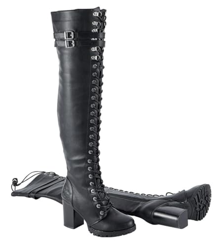 Dream Apparel Women's Faux Leather Over The Knee Thigh High Boots, Black Lace Up Knee High Boots With Chunky Heel, Sexy Biker Boots with Buckle4