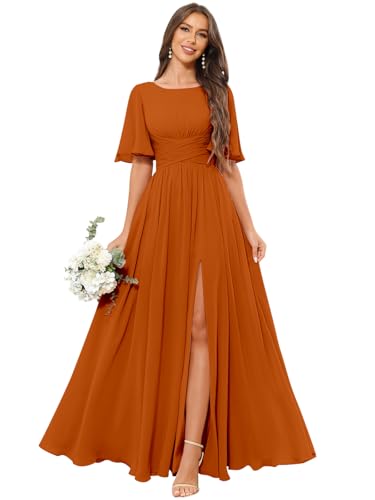 Women's Flutter Sleeve Chiffon Bridesmaid Dress with Pockets Scoop Neck A-line Long Formal Evening Dress with Slit