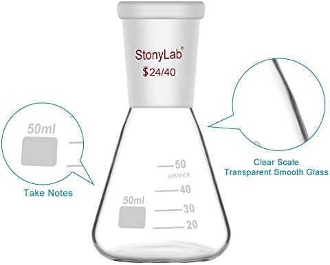 StonyLab Glass 24/40 Erlenmeyer Flask, Borosilicate Glass Heavy Wall Flask with 24/40 Standard Taper Outer Joint, 50ml