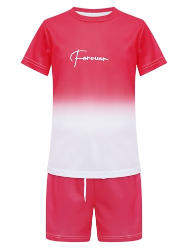 Aislor Kids Boys Gradient Sports Outfits Soccer Basketball Jerseys Tracksuit Short Sleeve T-Shirt and Shorts Set Red 9-10 Years3