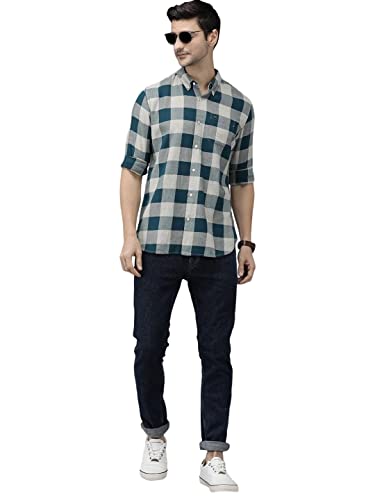 Image of THE BEAR HOUSE Men's Cotton Teal Blue Pure Cotton Checked Slim Fit Flannel Shirt | 3XL |TBH-JUUL-TL-3XL |