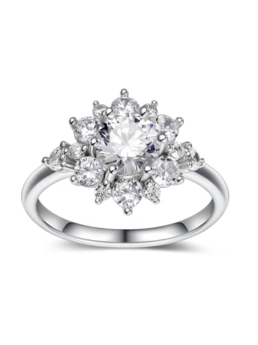 1.84 Carat Moissanite Flower Ring for Women, Solid 925 Sterling Silver, Size 4-11, Wedding Bands Engagement Promise Aniversary Ring, Birthday Valentines Mothers Day Ideal Gift for Her