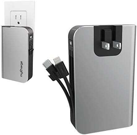 myCharge Portable Charger Power Bank - HubMax 10050 mAh Universal External Battery Pack | Foldable AC Wall Plug | Two Built in Cables for Apple (iPhone Lightning) & for Samsung USB Type C (Android)
