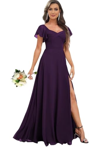 Women's Flutter Sleeve Bridesmaid Dresses Chiffon Formal Dress with Pockets V-Neck Party Prom Gown with Split NXY049