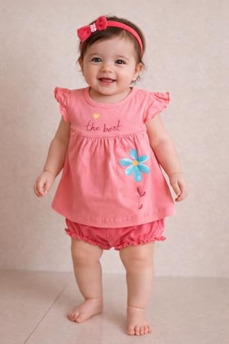 Image of Baby Girls Frock Dress with Bloomer Set | Short Sleeve Polka Dot Inner Layer & Bow Detail Special for 0-6 Months