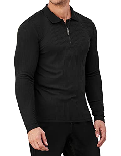 COOFANDY Men's Slim Fit Muscle T Shirts Stretch Long Sleeve Zip Up Tee Lightweight Knitted Polo Shirts Black