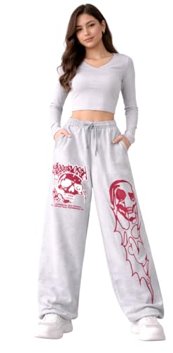 Image of CRAMPLEWomen's Graphic Print Wide Leg Sweatpants, Elastic Waist with Drawstring, Casual Streetwear Joggers