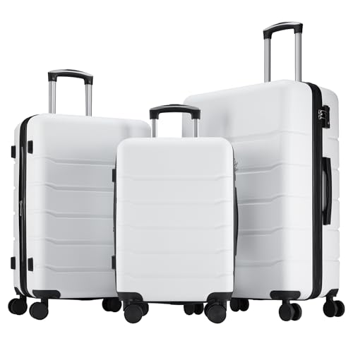 OLIXIS 3-Piece Luggage Set, 20/24/28 Inch Hardside Suitcases with Spinner Wheels, Lightweight ABS Hard Shell Travel Luggage, TSA Approved Lock, Expandable Carry-On & Checked Luggage–White