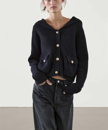 Women’S Sailor Collar Long Sleeve Single Breasted Button Detail Solid Knit Cardigan Casual Sweater4