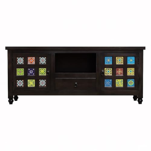 Image of Sheesham Wood TV Stand and Shelf Storage Entertainment Unit Center Console TV Table Wooden Tv Cabinet for Living Room Home (Tiles Design Honey)