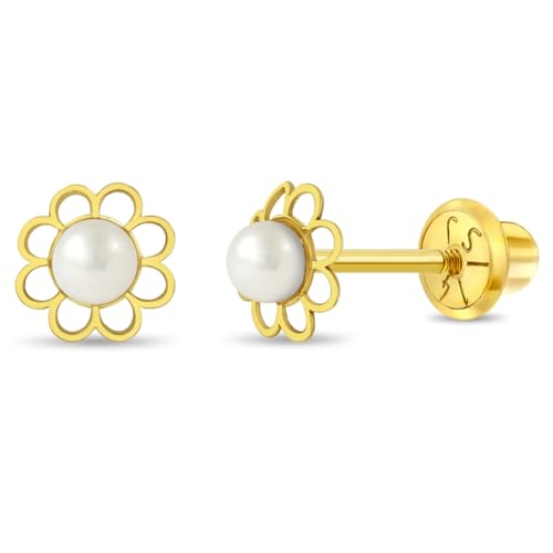 14k Yellow Gold Girl's Dainty Cultured Pearl Flower Screw Back Stud Earrings - Small Flower Screw Back Earrings for Babies, Toddlers, Young Girls