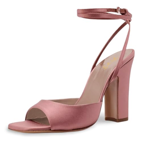 FOWT Women Open Square Toe Satin Sandals Ankle Strap Chunky High Heels Graceful Evening Party Dressy Shoes Size 4-16 US