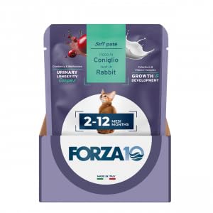 Forza 10 - Comida húmeda para gatos con sabor a conejo, alimento completo para gatos cachorros de todos los tamaños y razas en paté, para gatos gatitos, 12 sobres de 80 gramos cada una.
