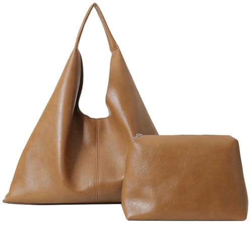 Caissip Slouchy Hobo Bags for Women Tote Bag Retro PU Leather Crossbody Bag Soft Shoulder Purses Handbags Large Capacity 2pcs, B Brown