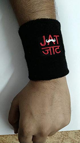 Image of Cotton Play2Fit 2 Wristband (1 Pair) Soft Sweatband For All Sport, Stretchable, Sweat Absorbent Supports Wrist Made In India (Jatt Embroidery, 4 Inch, Black, Red)