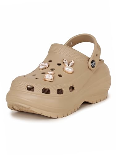 Image of ATHCO Roxxie Clogs For Women's|Girl's| Dual-Color Soft EVA Cushioned With Massage Footbed|Easy Wear with Adjustable Back Strap|Lightweight Platform Heels|Flexible|Breathable|Extra Soft Comfortable Anti-Skid Casual Mule|All-Season|Summer|Monsoon|Rain|Winter|Waterproof|Casual Slip-On Sandal with Cute Charms & Chunky Design|Indoor & Outdoor Wear|Trendy|Fashionable|Stylish|Shoes