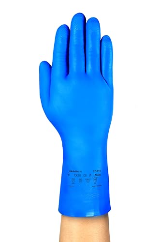 Image of Ansell AlphaTec 37-310 Multipurpose Nitrile Gloves with Long Cuff, Chemical Protection and Food Safety, Reusable Kitchen Gloves, Household Cleaning and Dishwashing, Blue, Size L (12 Pairs)