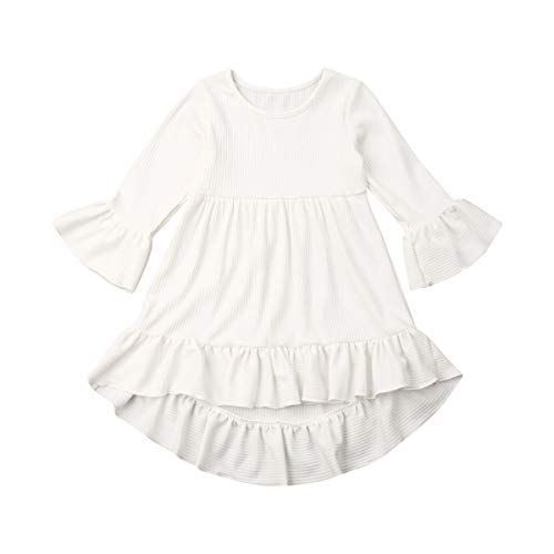 Infant Toddler Baby Girl Ruffle Flare Dress Cute Kids Ribbed Solid Long Sleeve Fall Winter Dress Clothes Outfit (High Low Dress-White, 6-12Months)