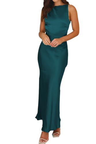 Image of Summer Satin Maxi Dresses for Women 2026 Elegant Classy Silk Formal Sleeveless Open Back Spaghetti Strap Wedding Guest Dress