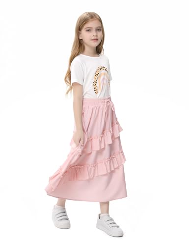 Image of Girls High Waisted Ruffle Maxi Skirt Soft Cotton Long Skirts with Elastic Waistband for Kid Girl 3-12 Years