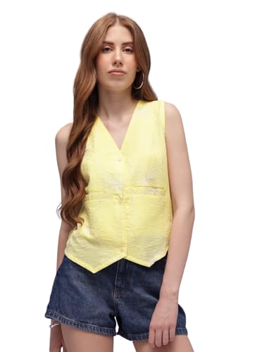 Image of Amazon Brand - INKAST Women Floral Textured Sleeveless Button-Down Vest with Pockets | V-Neck Waistcoat Blouse | Pointed Hem | Tunic Top