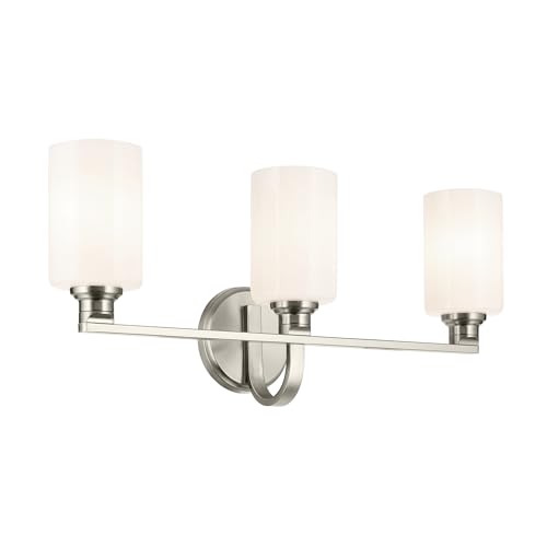 Image of Kichler Gioe 24.25 in 3-Light Bathroom Vanity Light Fixture with Opal Glass in Brushed Nickel, Damp Rated Modern Wall Mount for Mirror, Powder Room (24.25 in W x 10.5 in H), 55226NI