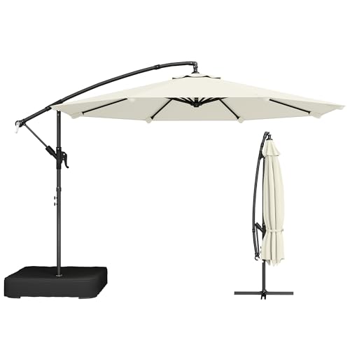 Outsunny 3 m Garden Cantilever Parasol with Cross Base and 80 kg Fillable Sandbag, 360° Rotating Overhanging Umbrella with Crank Handle, Banana Patio Umbrella for Outdoor Sun Shade, Cream White