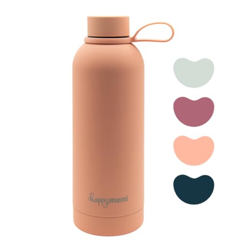 HappyMami, Termo Liquidos Bebe 500ml,Botella Acero Inoxidable, Cierre Hermético con Rosca, Incluye Asa para Transporte, Doble Pared Interna para Mantener Temperatura (Naranja Coral)