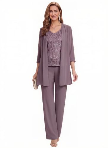 3 Pieces Mother of The Bride Pant Suits for Women Chiffon Sequin Formal Wedding Pantsuit with Jacket WT014 Wisteria