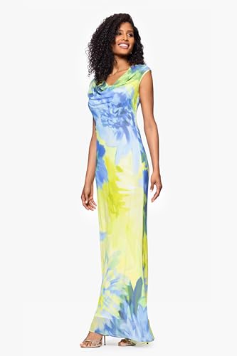 Image of Betsy & Adam Women's Floor-Length, Sleeveless, Floral Print, with Draped Neckline and Flowing Silhouette, Citrine, 12P