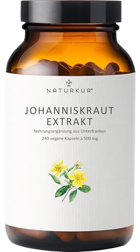Naturkur Johanniskraut 500mg 10:1 Extrakt (5000mg reines Johanniskraut) - 240 Kapseln im Apothekerglas - Hypericin & Hyperforin vegan ohne Zusatzstoffe in Handarbeit hergestellt