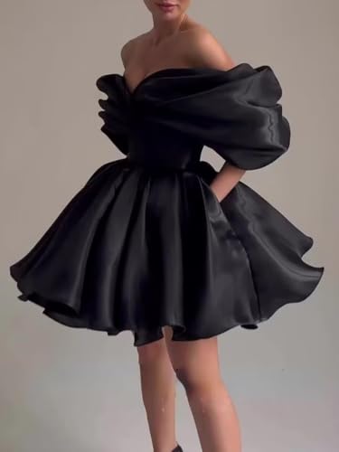 SHANDUAO Off Shoulder Short Homecoming Dresses Satin A Line Ruffles Prom Cocktail Party Gowns with Pockets HC0012