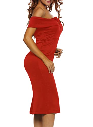 Alvaq Women's Sexy V Neck Off The Shoulder Evening Bodycon Club Midi Dress, Red, Small