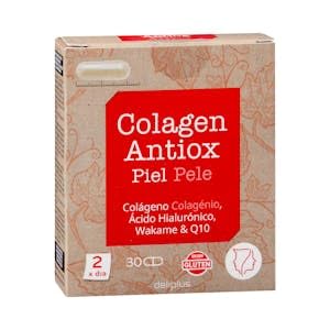 Cápsulas Colagen Antiox piel contiene colágeno, ácido hialurónico, wakame y Q10 elaborado a base de especies vegetales, vitaminas y minerales Caja 30 cápsulas (18 g)